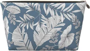 Portable Makeup Bag Zipper Pouch Travel Make up Organizer Bag Toiletry bag Water-resistant Aesthetic PVC Leather Cosmetic Bags for Women and Girls with Blue Leaf