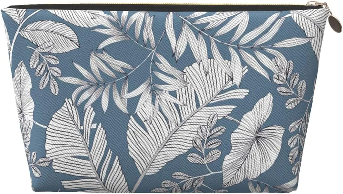 Portable Makeup Bag Zipper Pouch Travel Make up Organizer Bag Toiletry bag Water-resistant Aesthetic PVC Leather Cosmetic Bags for Women and Girls with Blue Leaf