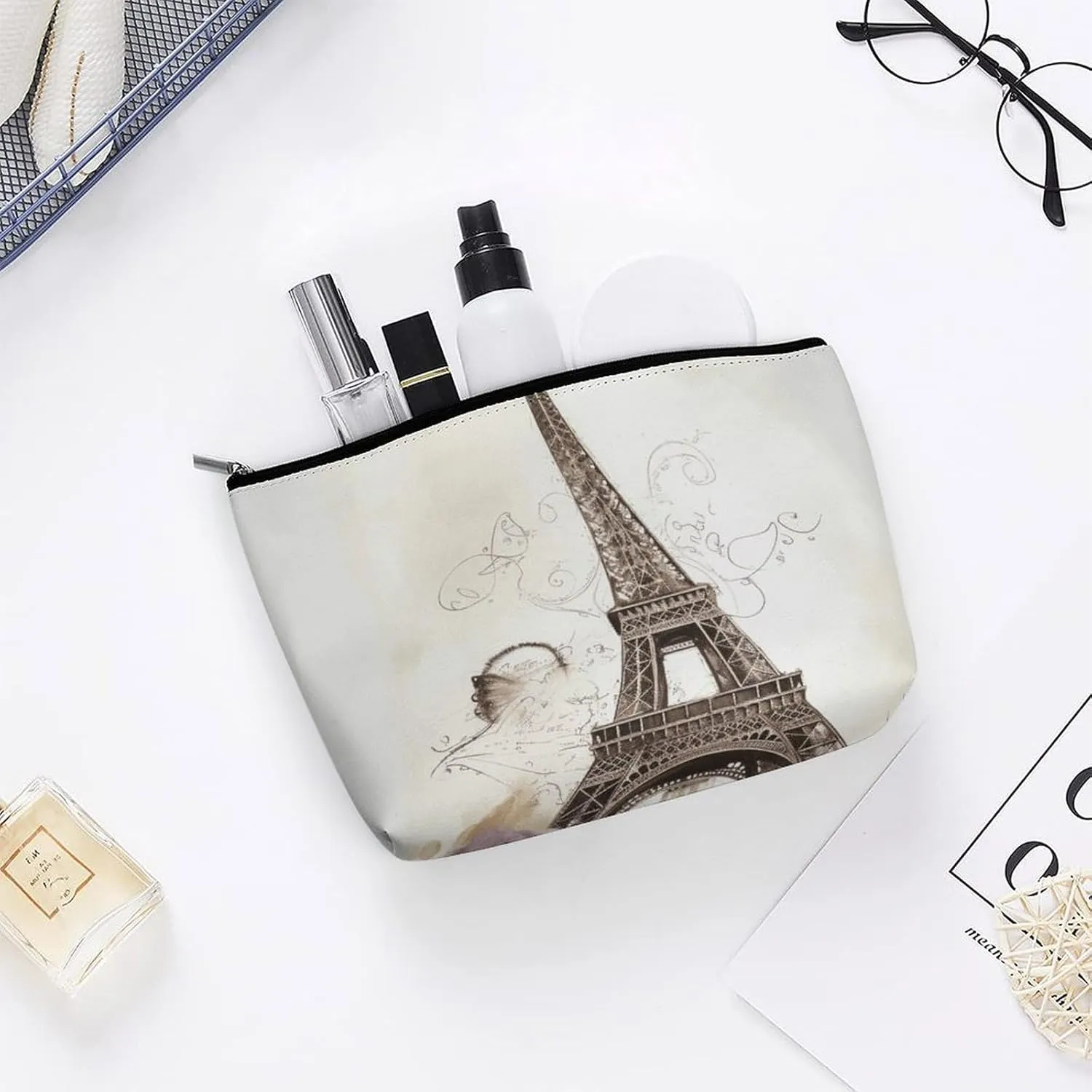 Portable Small Cosmetic Bag Cute Travel Makeup Bag Eiffel Tower Waterproof Toiletry Bag for Women