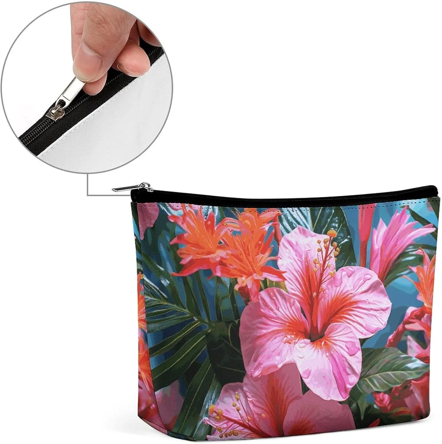 Portable Small Cosmetic Bag Cute Travel Makeup Bag Pink Flower Tropical Plant Waterproof Toiletry Bag for Women