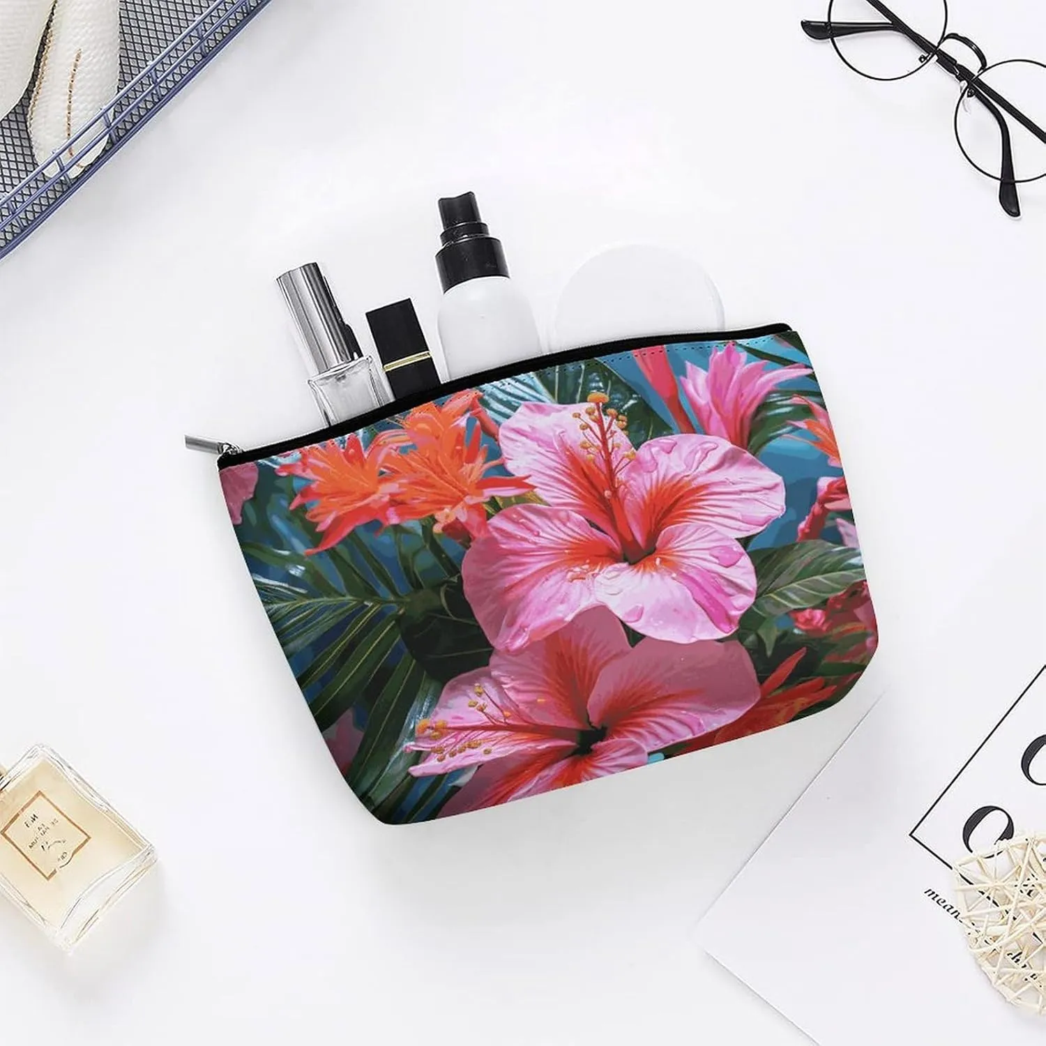 Portable Small Cosmetic Bag Cute Travel Makeup Bag Pink Flower Tropical Plant Waterproof Toiletry Bag for Women