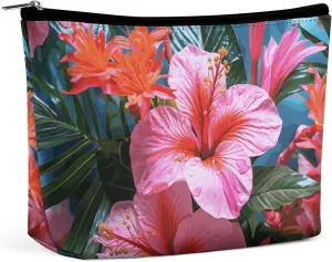 Portable Small Cosmetic Bag Cute Travel Makeup Bag Pink Flower Tropical Plant Waterproof Toiletry Bag for Women