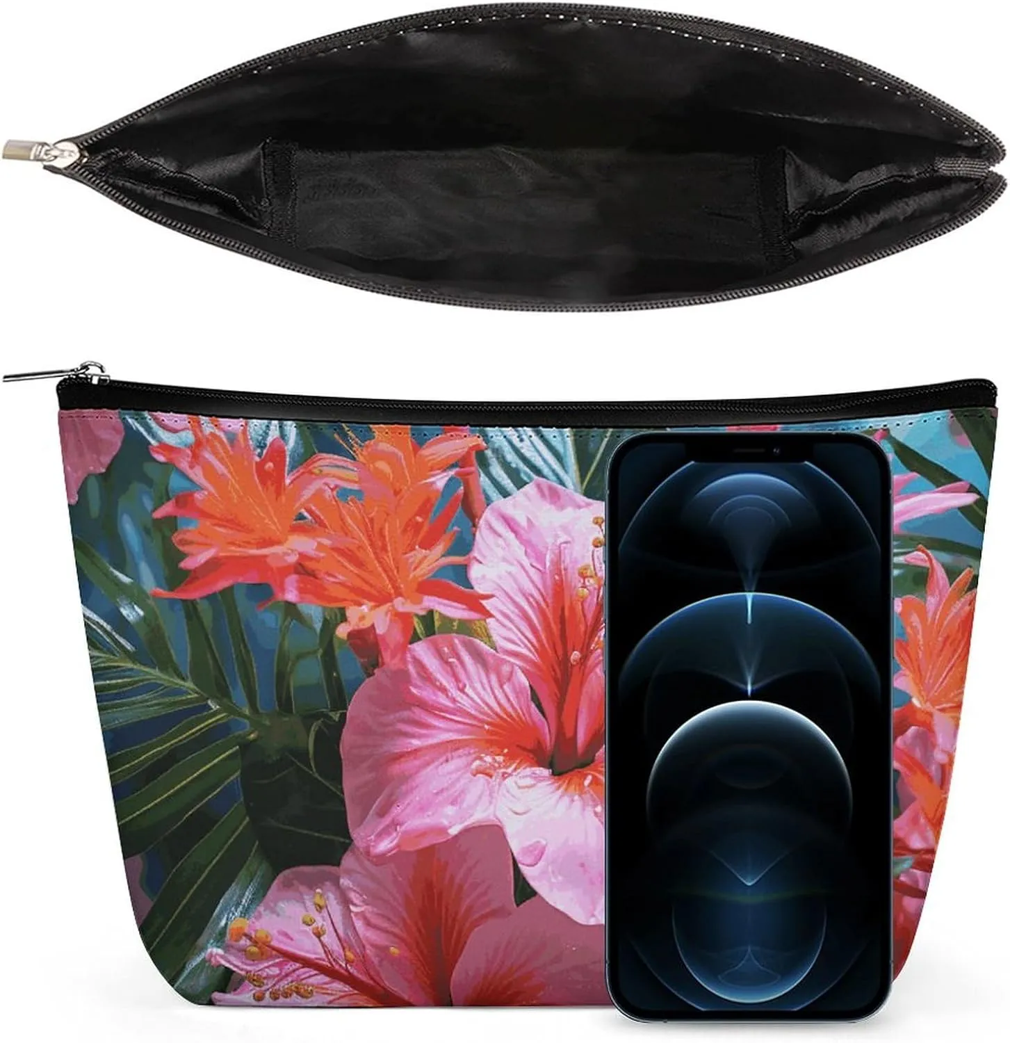 Portable Small Cosmetic Bag Cute Travel Makeup Bag Pink Flower Tropical Plant Waterproof Toiletry Bag for Women