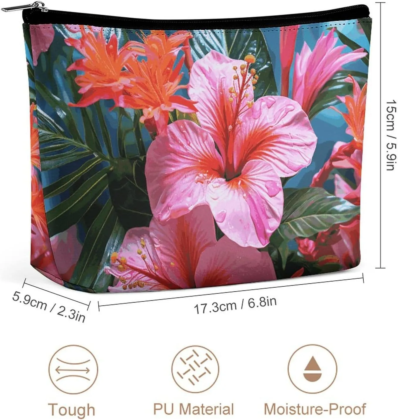 Portable Small Cosmetic Bag Cute Travel Makeup Bag Pink Flower Tropical Plant Waterproof Toiletry Bag for Women