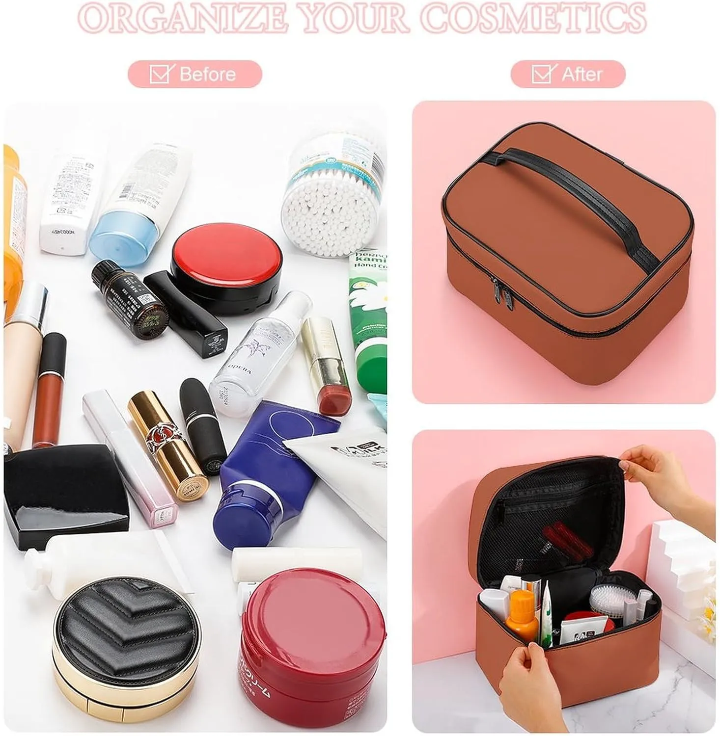 Portable Travel Makeup Bag, Trend Color Burnt Copper Cosmetic Case Zipper Toiletry Bag for Women Girls