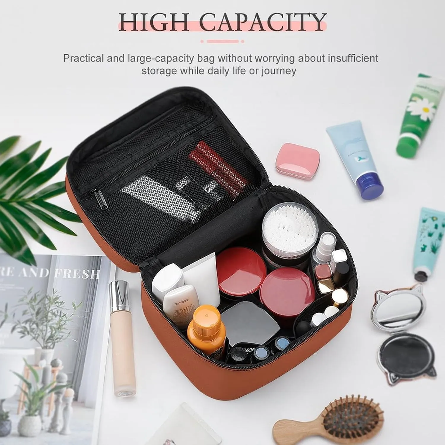 Portable Travel Makeup Bag, Trend Color Burnt Copper Cosmetic Case Zipper Toiletry Bag for Women Girls