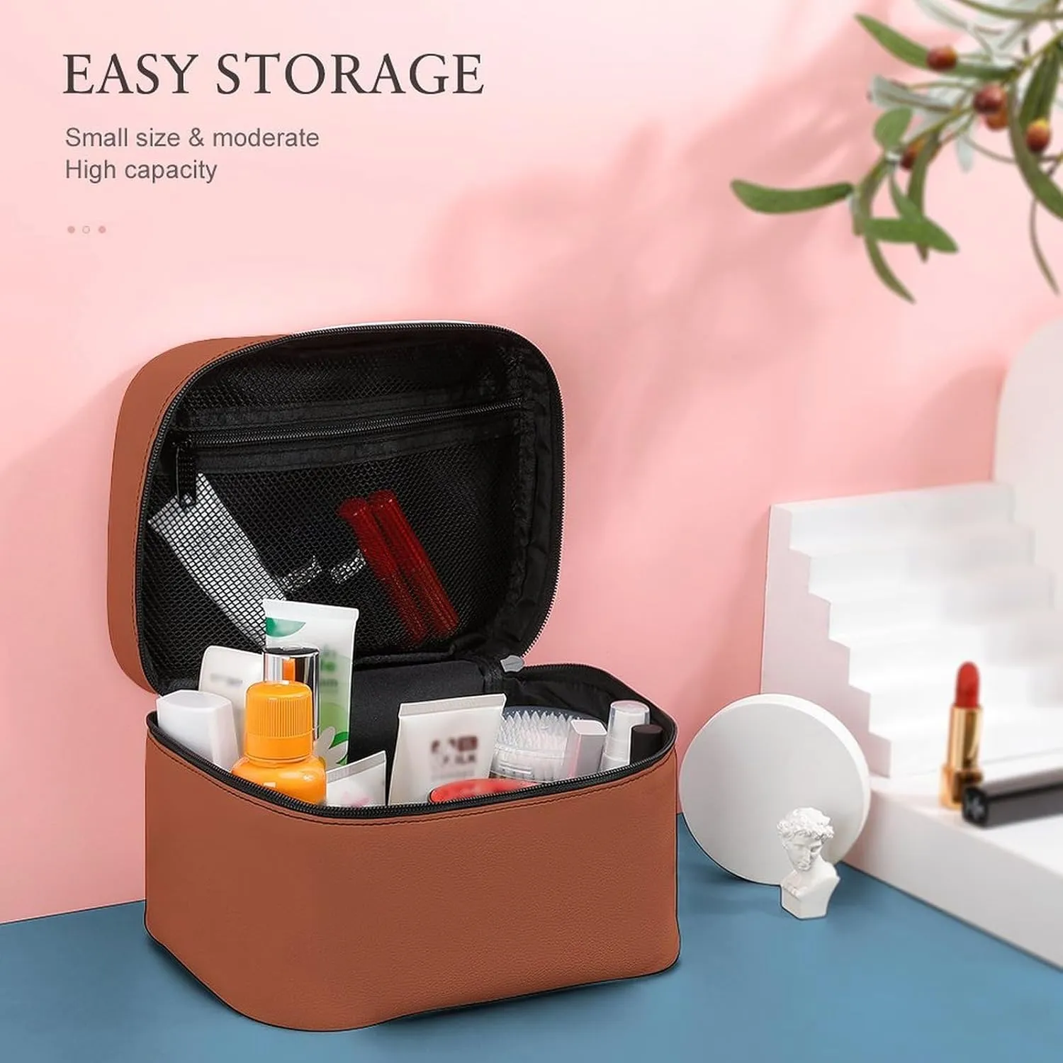 Portable Travel Makeup Bag, Trend Color Burnt Copper Cosmetic Case Zipper Toiletry Bag for Women Girls