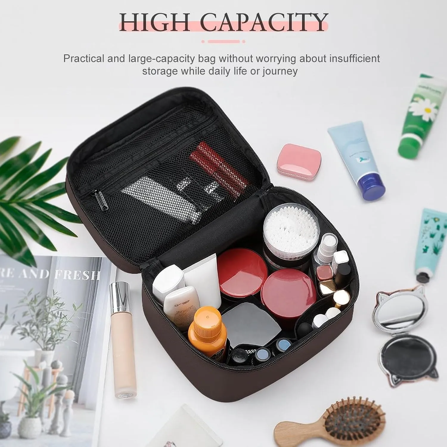 Portable Travel Makeup Bag, Trend Color Coffee Brown Cosmetic Case Zipper Toiletry Bag for Women Girls