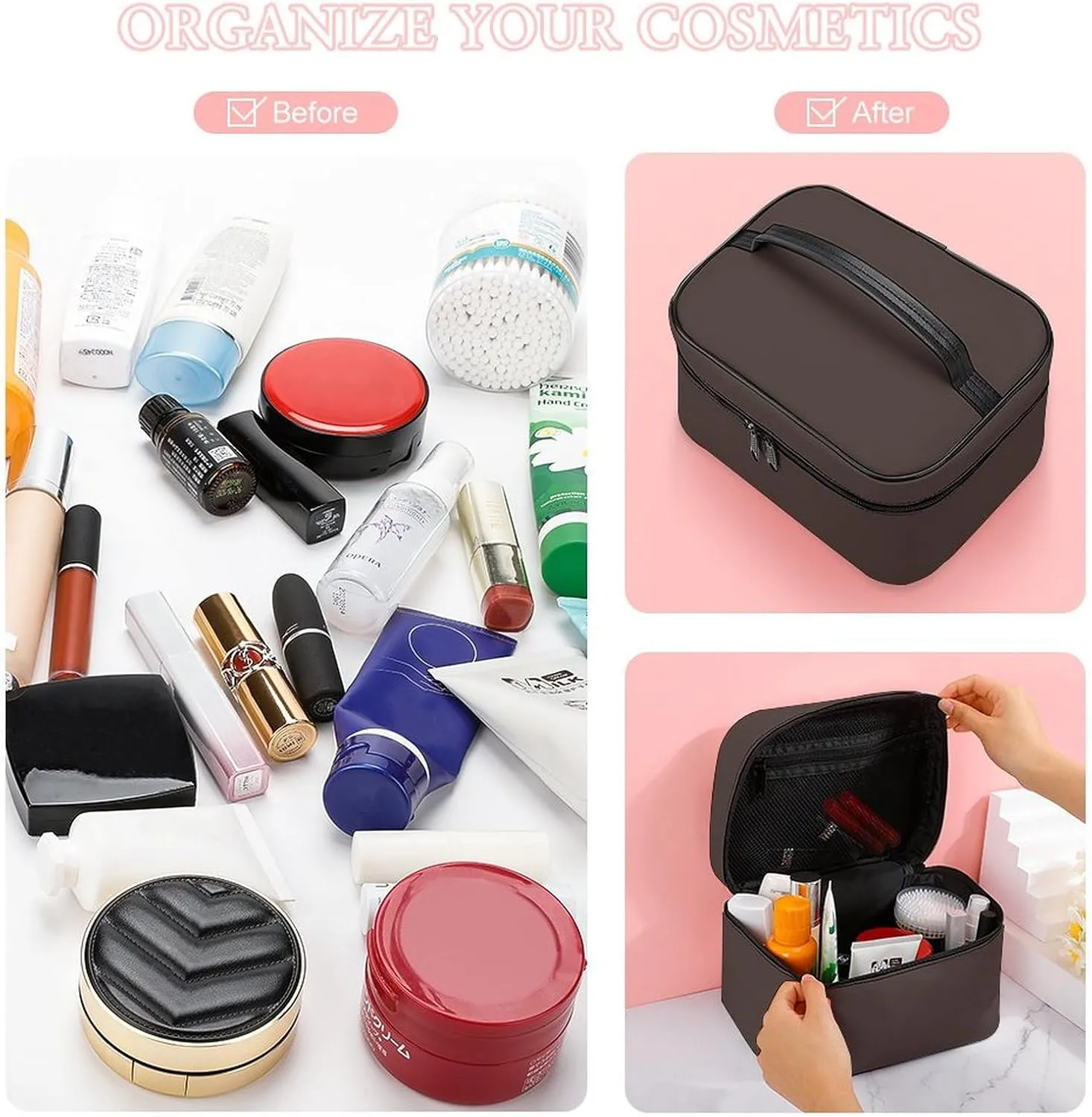 Portable Travel Makeup Bag, Trend Color Coffee Brown Cosmetic Case Zipper Toiletry Bag for Women Girls