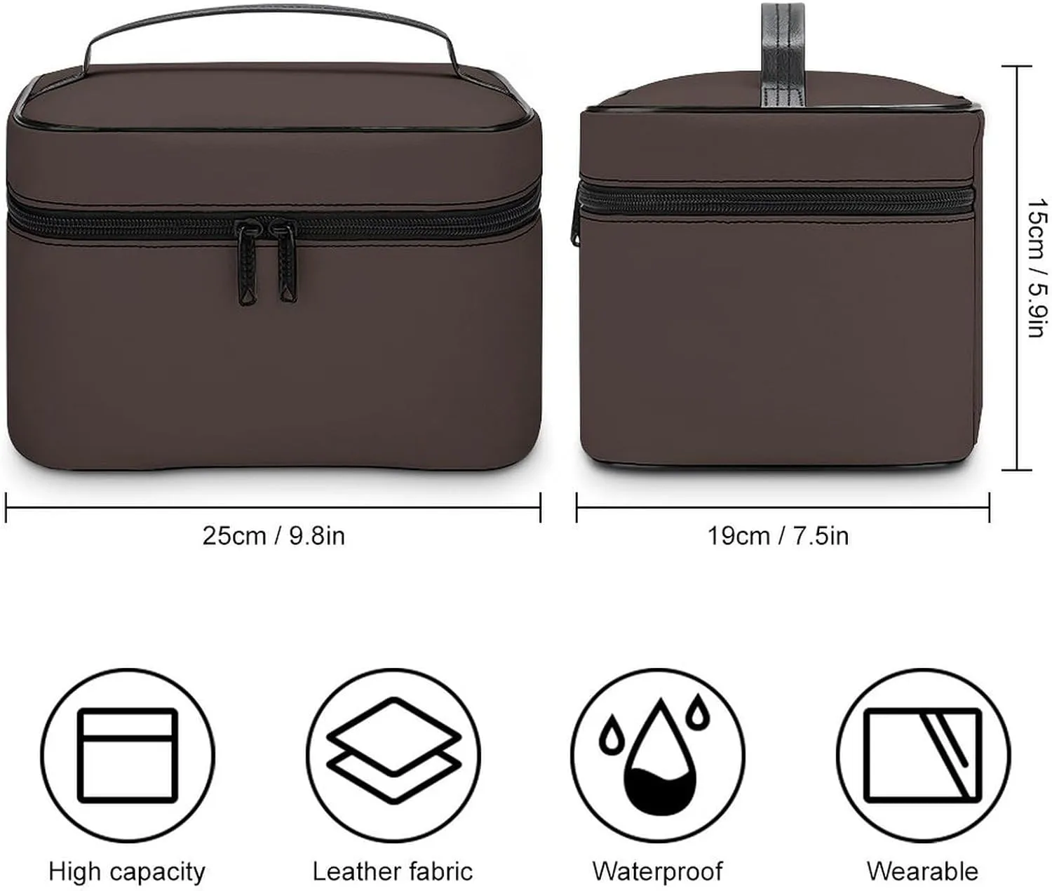 Portable Travel Makeup Bag, Trend Color Coffee Brown Cosmetic Case Zipper Toiletry Bag for Women Girls