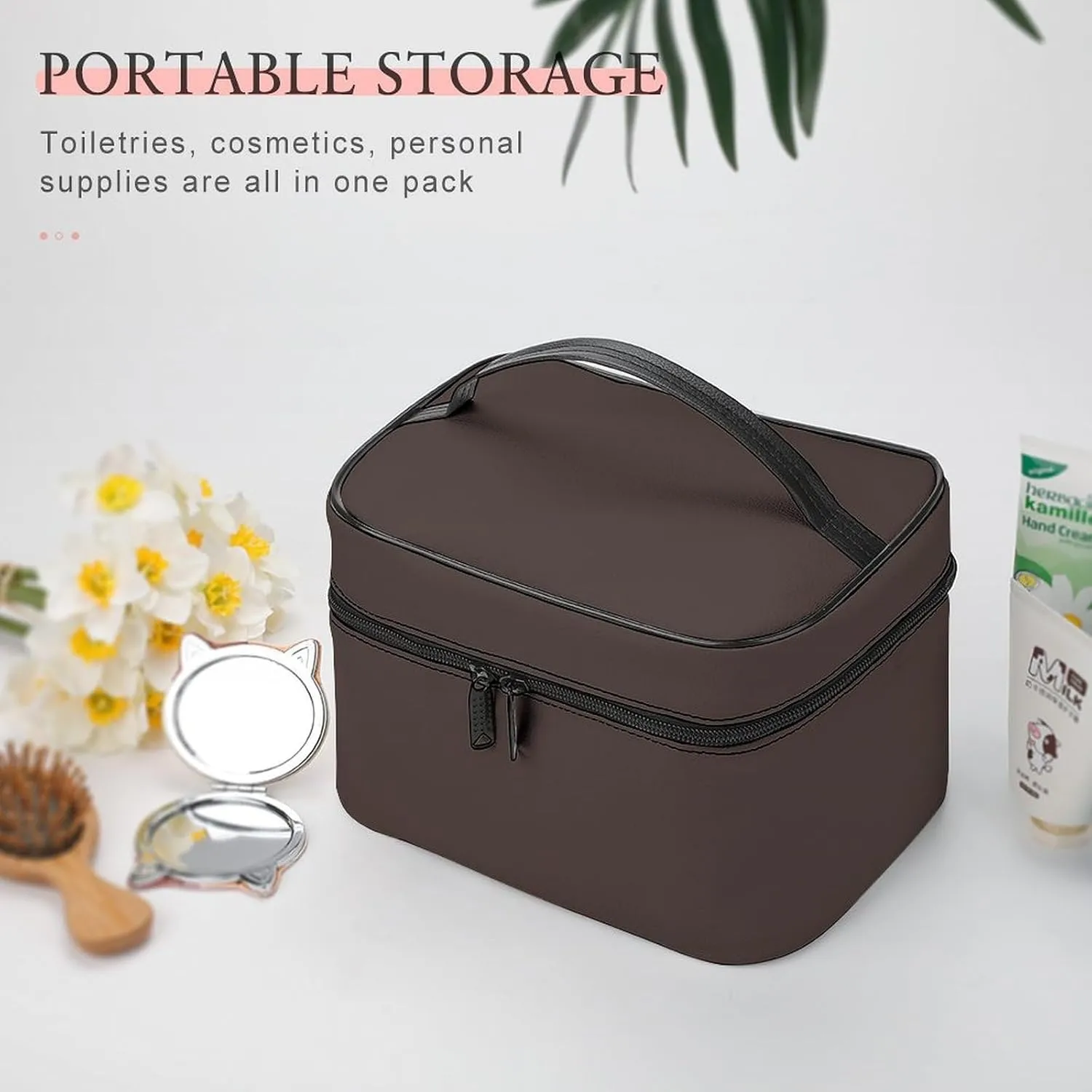 Portable Travel Makeup Bag, Trend Color Coffee Brown Cosmetic Case Zipper Toiletry Bag for Women Girls
