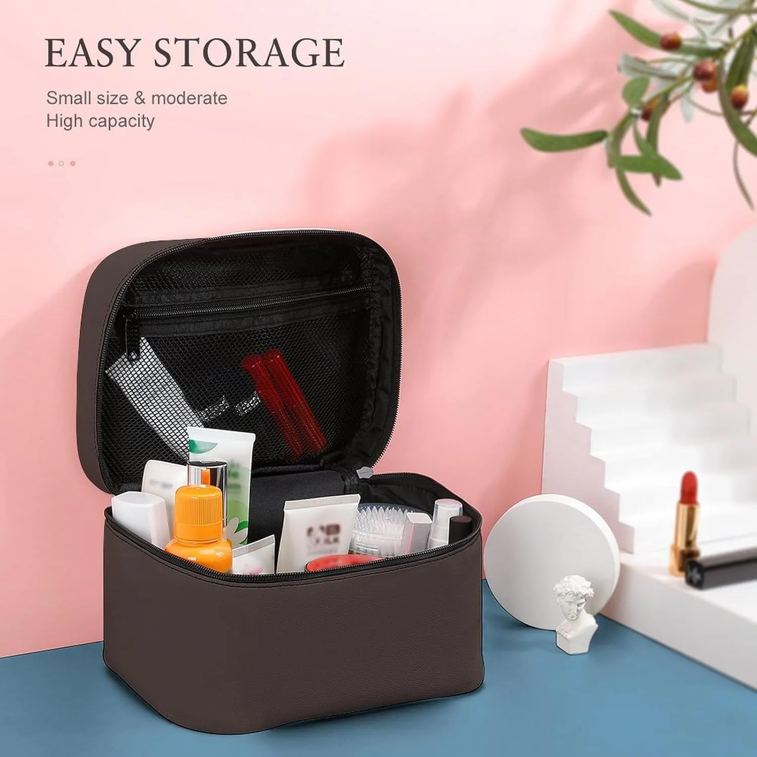Portable Travel Makeup Bag, Trend Color Coffee Brown Cosmetic Case Zipper Toiletry Bag for Women Girls