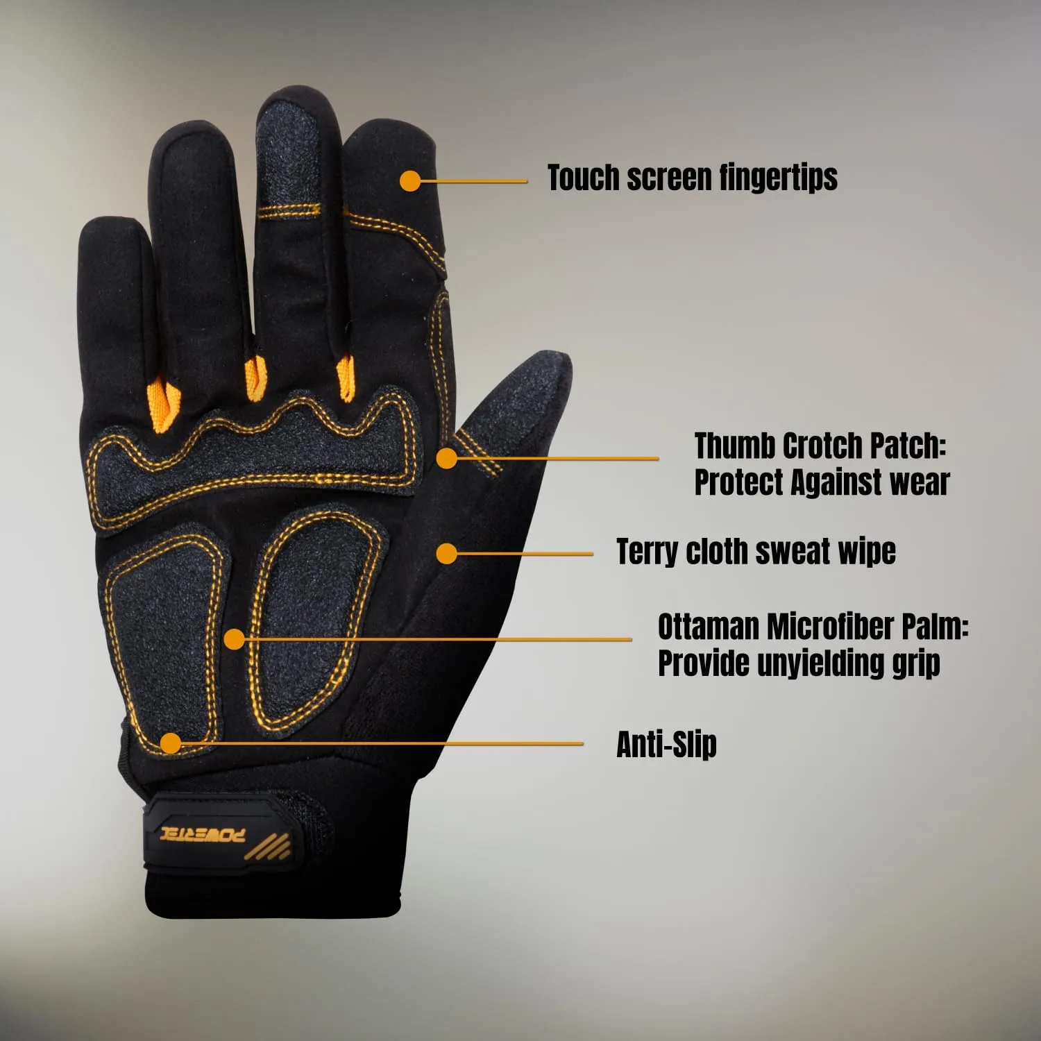 POWERTEC Heavy Duty Work Gloves | Safety Gloves with Touch Screen Flexible Breathable, Abrasion-Resistant Slip-Proof Leather on Palm for Excellent Grip and Shockproof, 1 Pair (size XL) (71957)