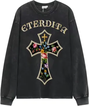 Praying Angel with Wings Vintage Long-Sleeved Denim Jacket Shirt Men's Round Neck Sports T-Shirt
