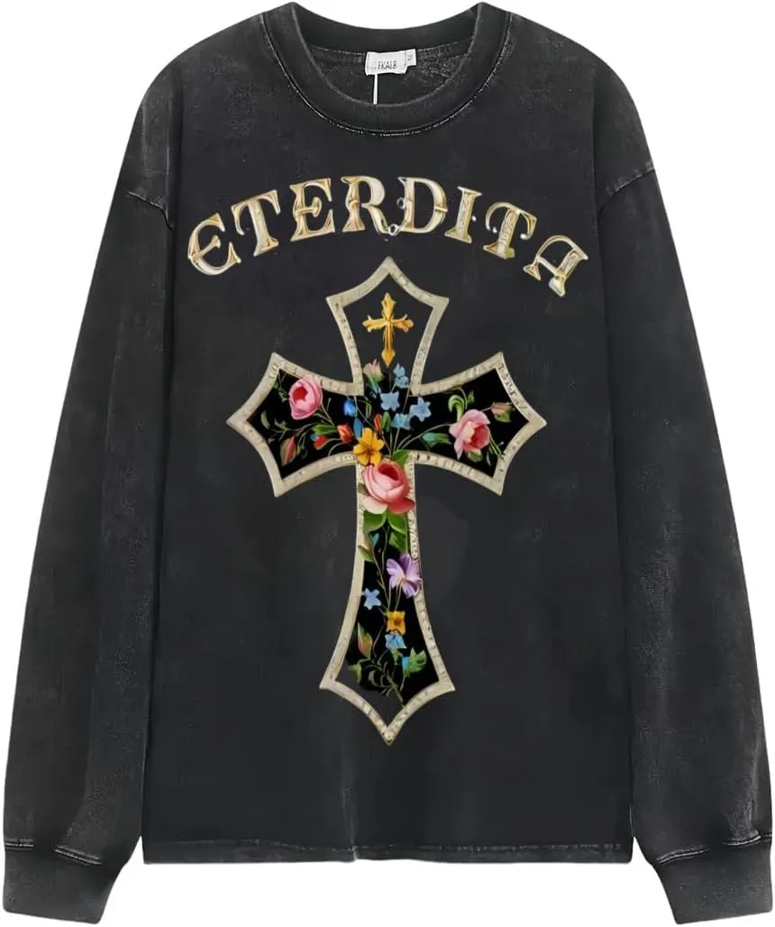 Praying Angel with Wings Vintage Long-Sleeved Denim Jacket Shirt Men's Round Neck Sports T-Shirt