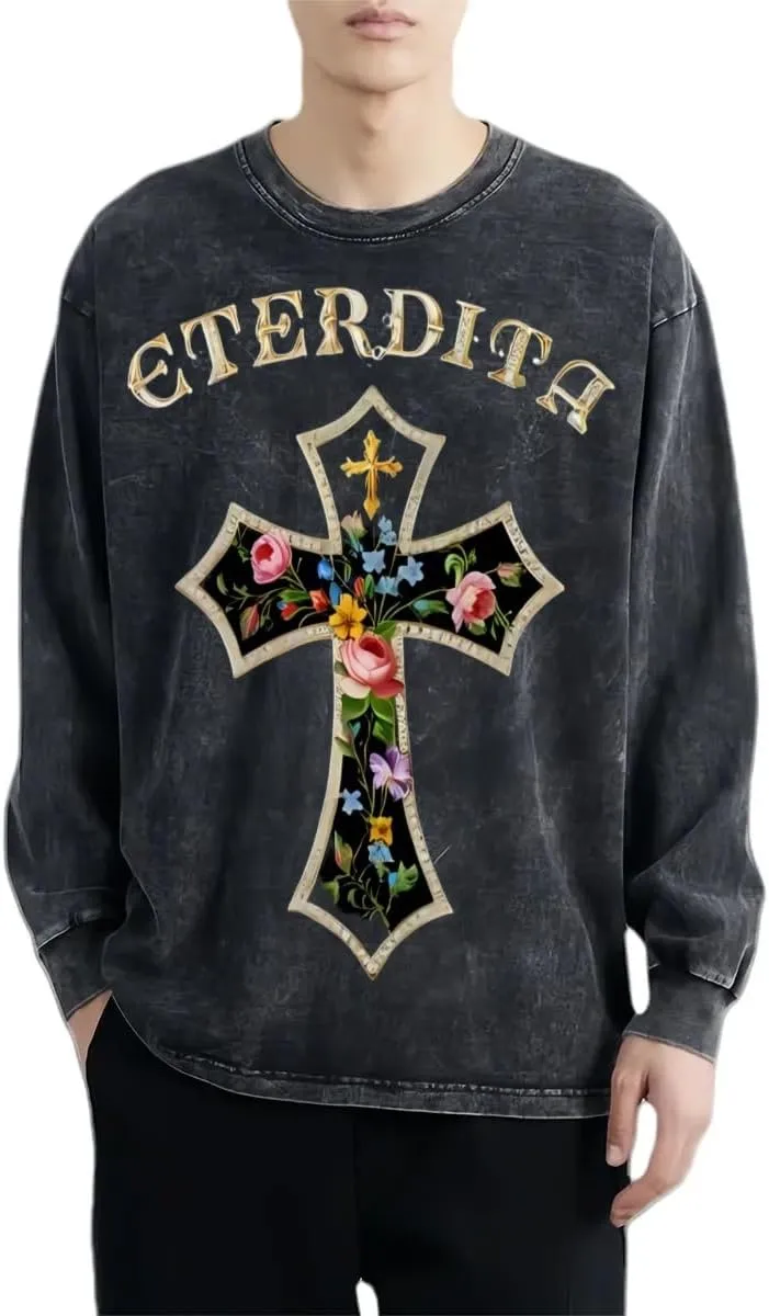 Praying Angel with Wings Vintage Long-Sleeved Denim Jacket Shirt Men's Round Neck Sports T-Shirt