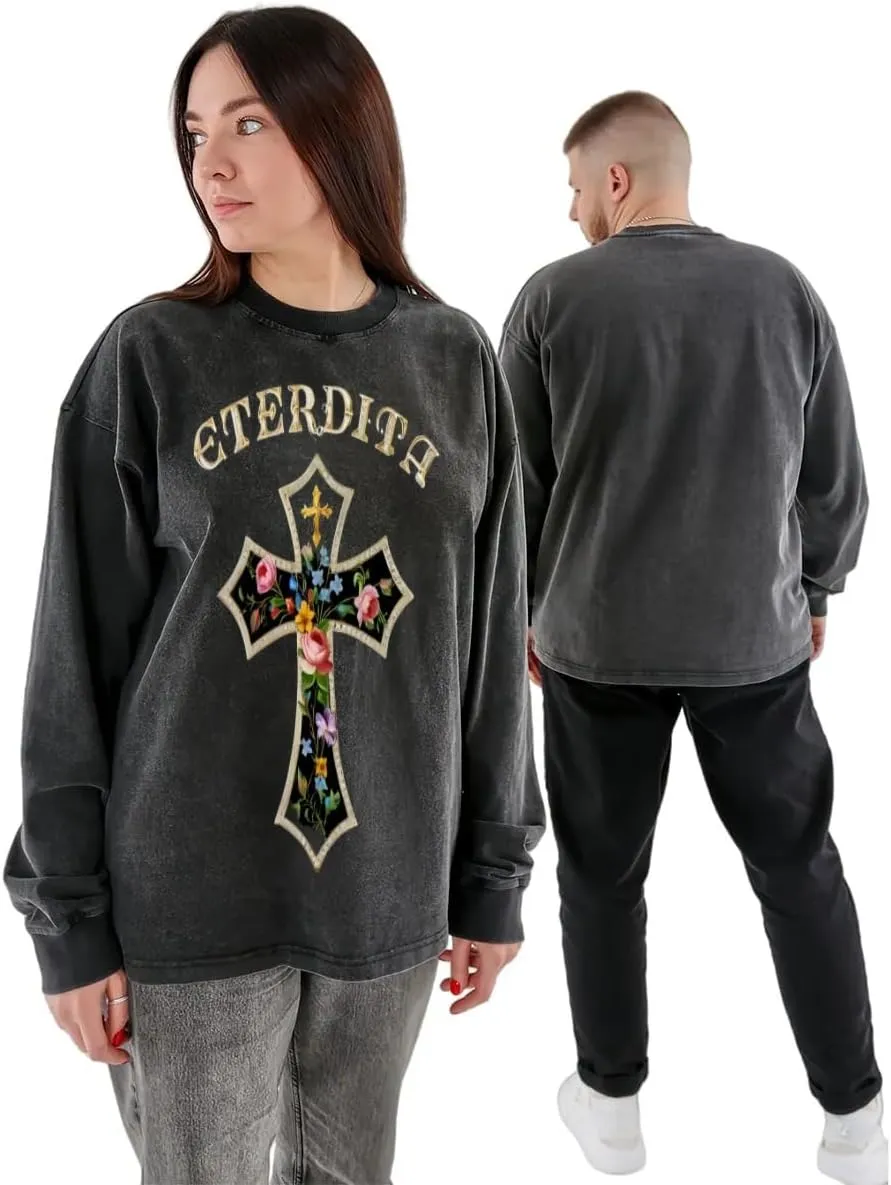 Praying Angel with Wings Vintage Long-Sleeved Denim Jacket Shirt Men's Round Neck Sports T-Shirt