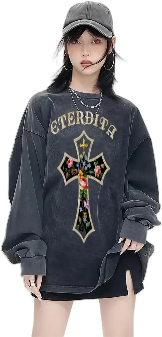 Praying Angel with Wings Vintage Long-Sleeved Denim Jacket Shirt Men's Round Neck Sports T-Shirt