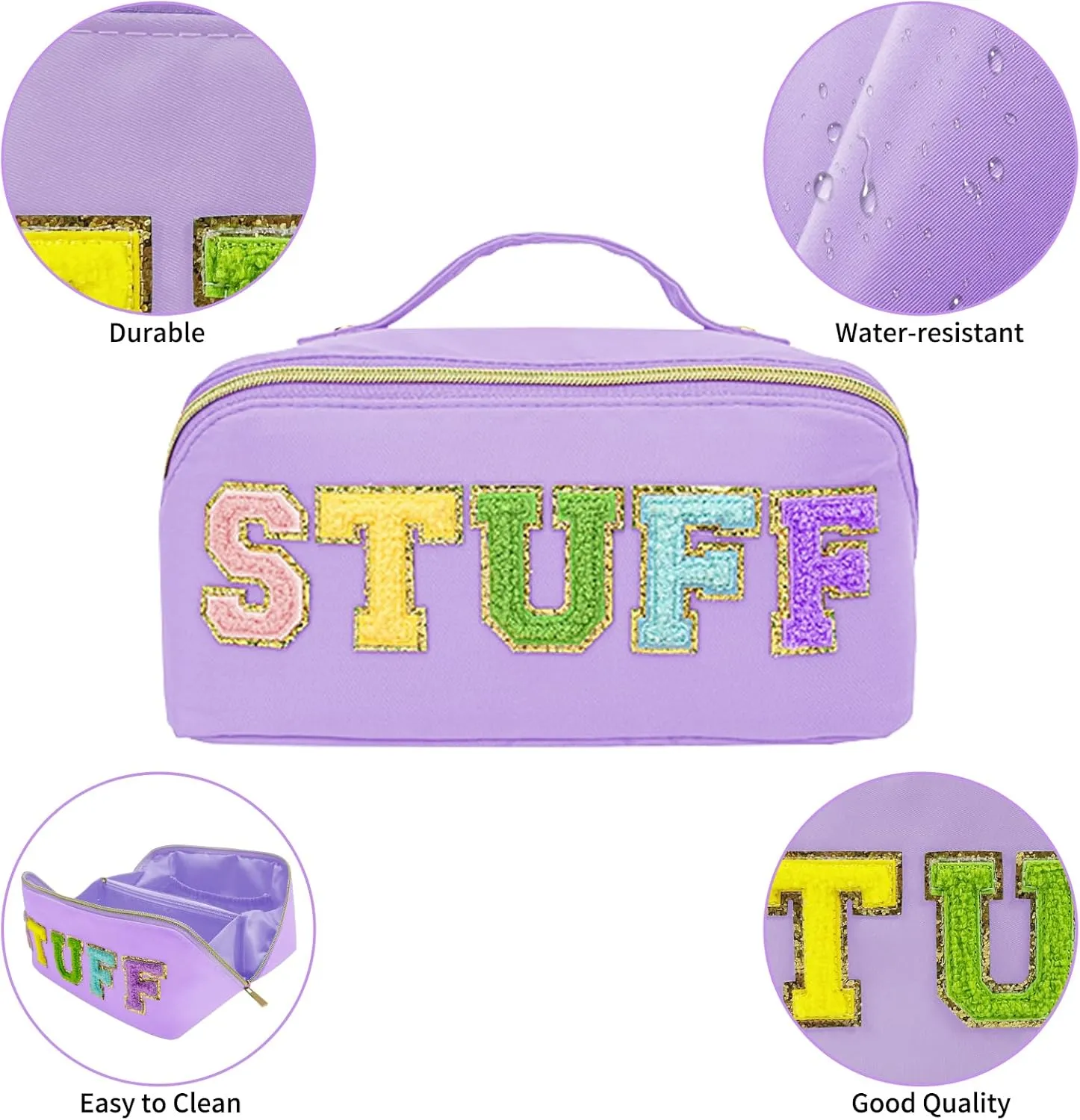 Preppy Stuff Makeup Bag, Stoney Clover Travel Toiletry Bag Pouch Chenille Letter Make Up Bags Girls Cute Cosmetic Bag Wedding Birthday Mothers Day Gifts for Women Stuff Bag (Purple)