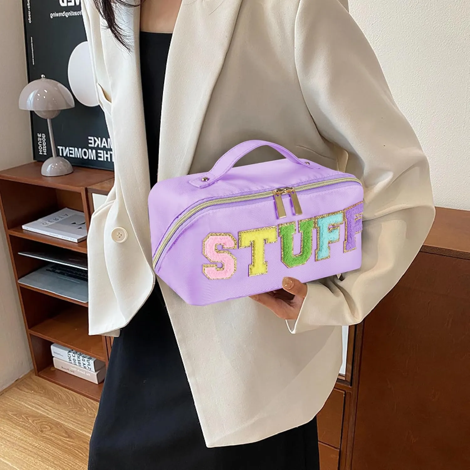 Preppy Stuff Makeup Bag, Stoney Clover Travel Toiletry Bag Pouch Chenille Letter Make Up Bags Girls Cute Cosmetic Bag Wedding Birthday Mothers Day Gifts for Women Stuff Bag (Purple)