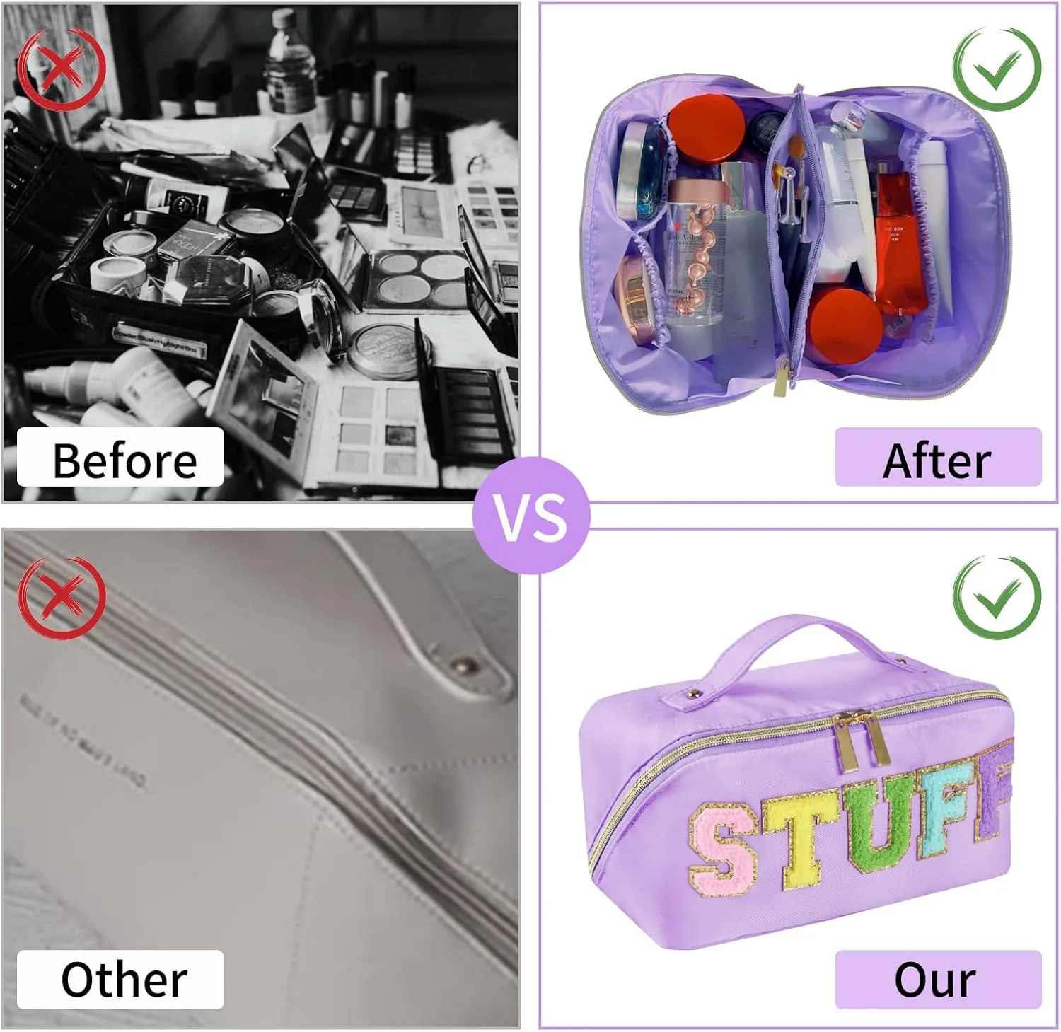 Preppy Stuff Makeup Bag, Stoney Clover Travel Toiletry Bag Pouch Chenille Letter Make Up Bags Girls Cute Cosmetic Bag Wedding Birthday Mothers Day Gifts for Women Stuff Bag (Purple)