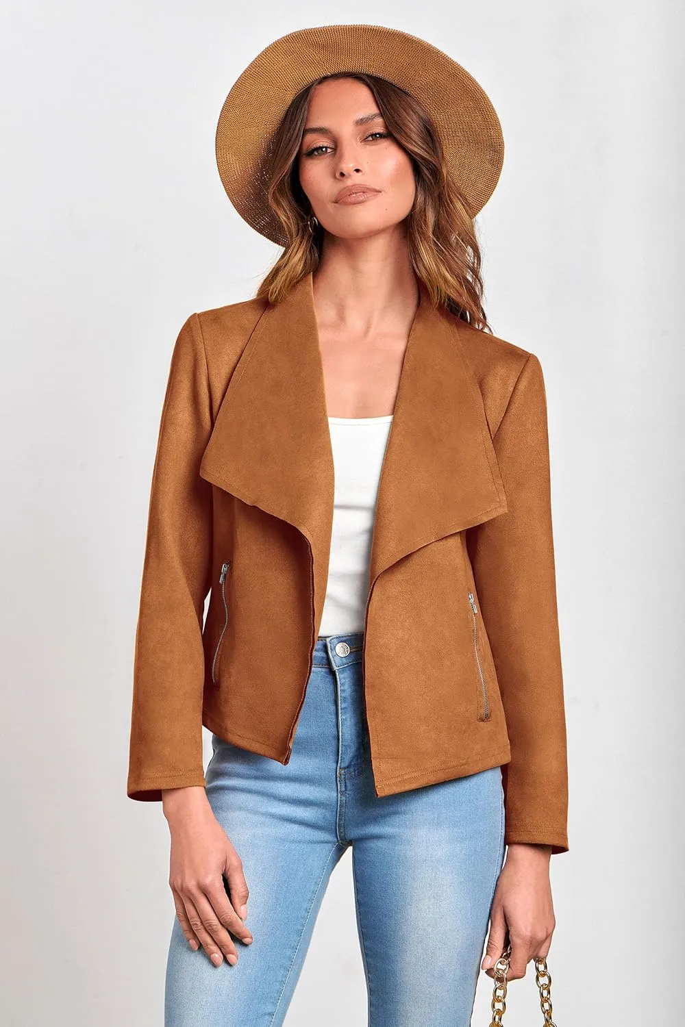 PRETTYGARDEN Women's Faux Suede Jackets 2025 Spring Fall Clothes Long Sleeve Open Front Cropped Coat Outwear