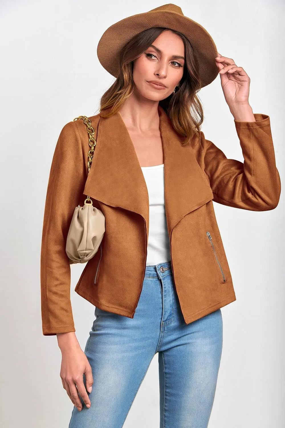 PRETTYGARDEN Women's Faux Suede Jackets 2025 Spring Fall Clothes Long Sleeve Open Front Cropped Coat Outwear