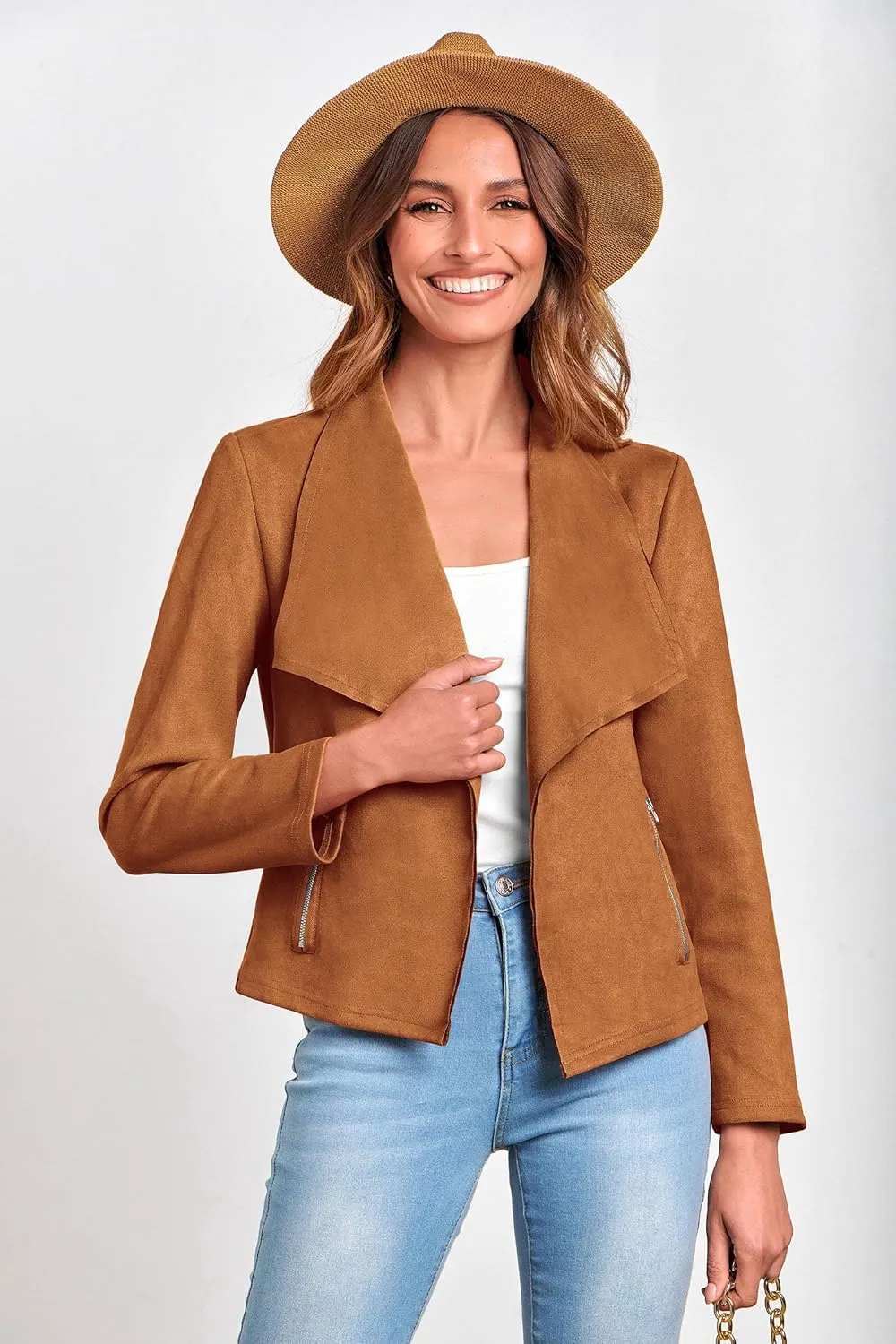 PRETTYGARDEN Women's Faux Suede Jackets 2025 Spring Fall Clothes Long Sleeve Open Front Cropped Coat Outwear