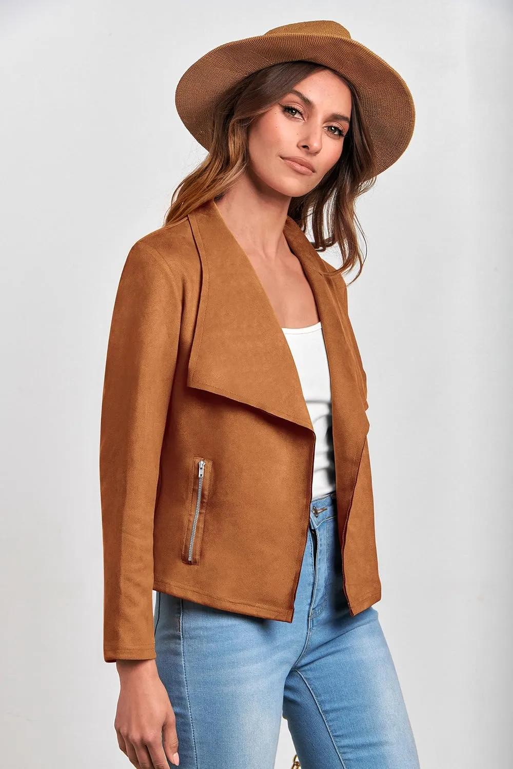 PRETTYGARDEN Women's Faux Suede Jackets 2025 Spring Fall Clothes Long Sleeve Open Front Cropped Coat Outwear