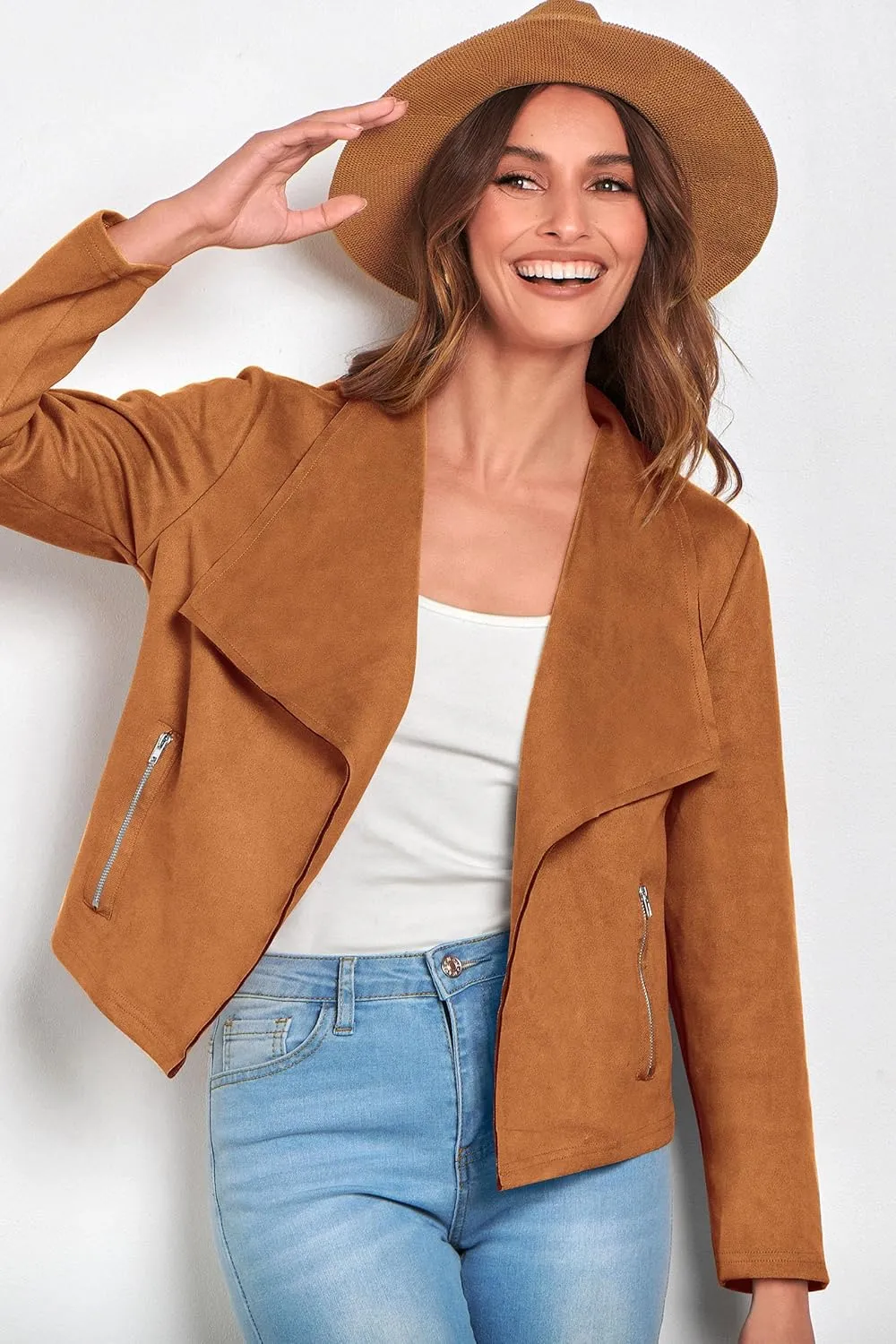 PRETTYGARDEN Women's Faux Suede Jackets 2025 Spring Fall Clothes Long Sleeve Open Front Cropped Coat Outwear