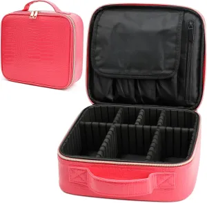 PU Leather Makeup travel organizer Crocodile Makeup Bag Portable Artist Storage Bag with Adjustable Dividers, Pink