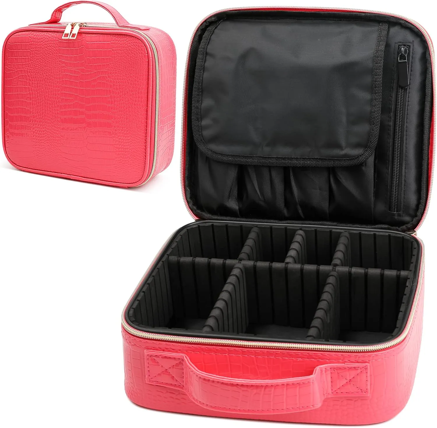 PU Leather Makeup travel organizer Crocodile Makeup Bag Portable Artist Storage Bag with Adjustable Dividers, Pink