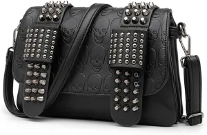 PU Leather Rivet Crossbody Bag Black Skull Shoulder Purse Handbag for Women