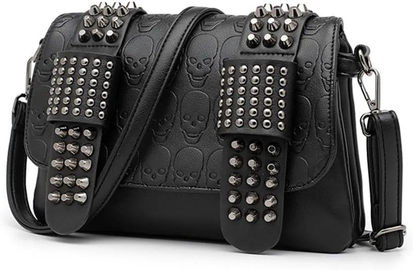 PU Leather Rivet Crossbody Bag Black Skull Shoulder Purse Handbag for Women