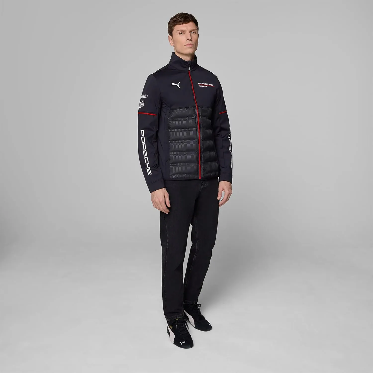 PUMA Porsche Motorsport Men's Team Hybrid Jacket with woven upper- and padded lower section for ultimate comfort - Black