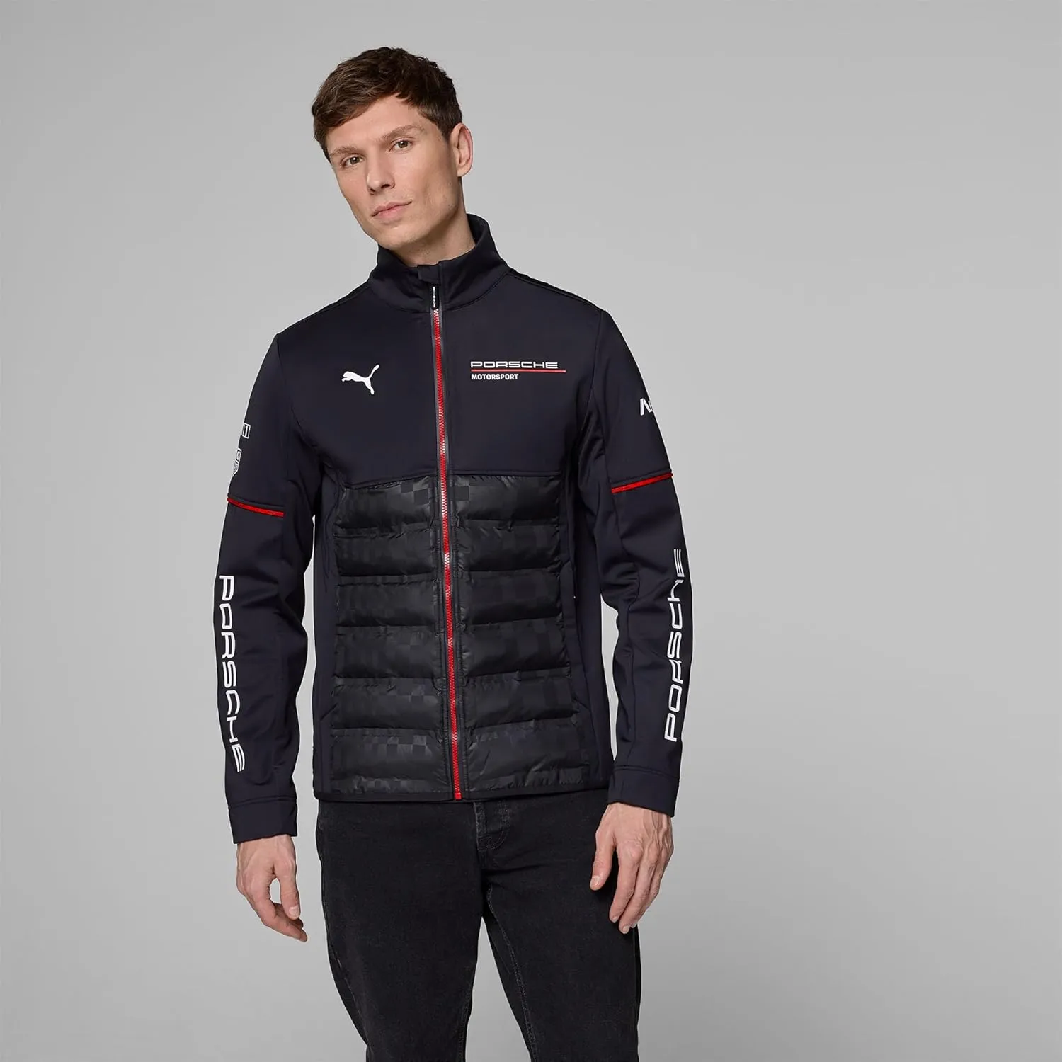 PUMA Porsche Motorsport Men's Team Hybrid Jacket with woven upper- and padded lower section for ultimate comfort - Black