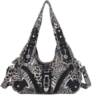 Punk Crossbody Tote Bags for Women Faux Leather Hobo Rivet Bag with Multi Pockets