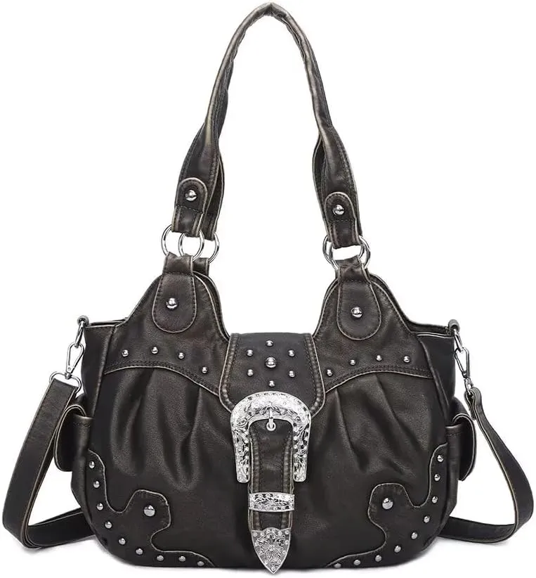 Punk Crossbody Tote Bags for Women Faux Leather Hobo Rivet Studs Bag with Multi Pockets