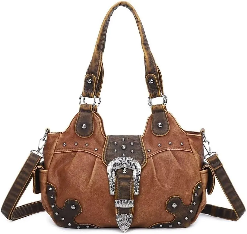 Punk Crossbody Tote Bags for Women Faux Leather Hobo Rivet Studs Bag with Multi Pockets