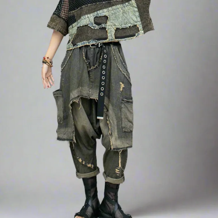 Punk Patchwork Denim Harem Pants – Distressed Layered Jeans with Edgy Overlay Design