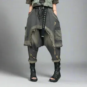 Punk Patchwork Denim Harem Pants – Distressed Layered Jeans with Edgy Overlay Design