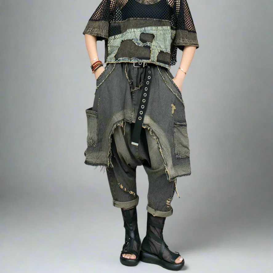 Punk Patchwork Denim Harem Pants – Distressed Layered Jeans with Edgy Overlay Design