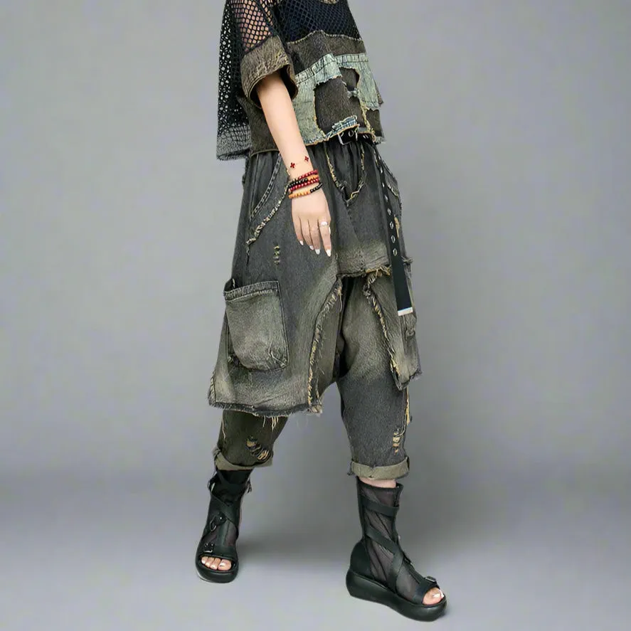 Punk Patchwork Denim Harem Pants – Distressed Layered Jeans with Edgy Overlay Design