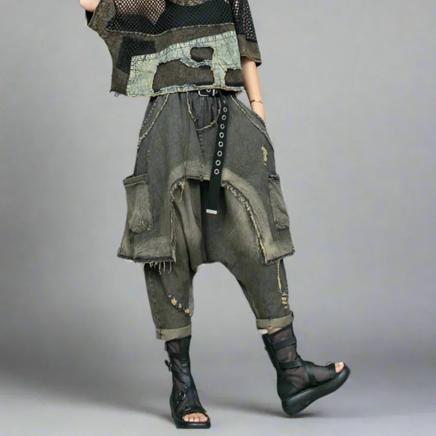 Punk Patchwork Denim Harem Pants – Distressed Layered Jeans with Edgy Overlay Design