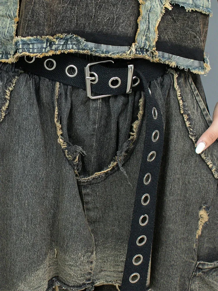 Punk Patchwork Denim Harem Pants – Distressed Layered Jeans with Edgy Overlay Design