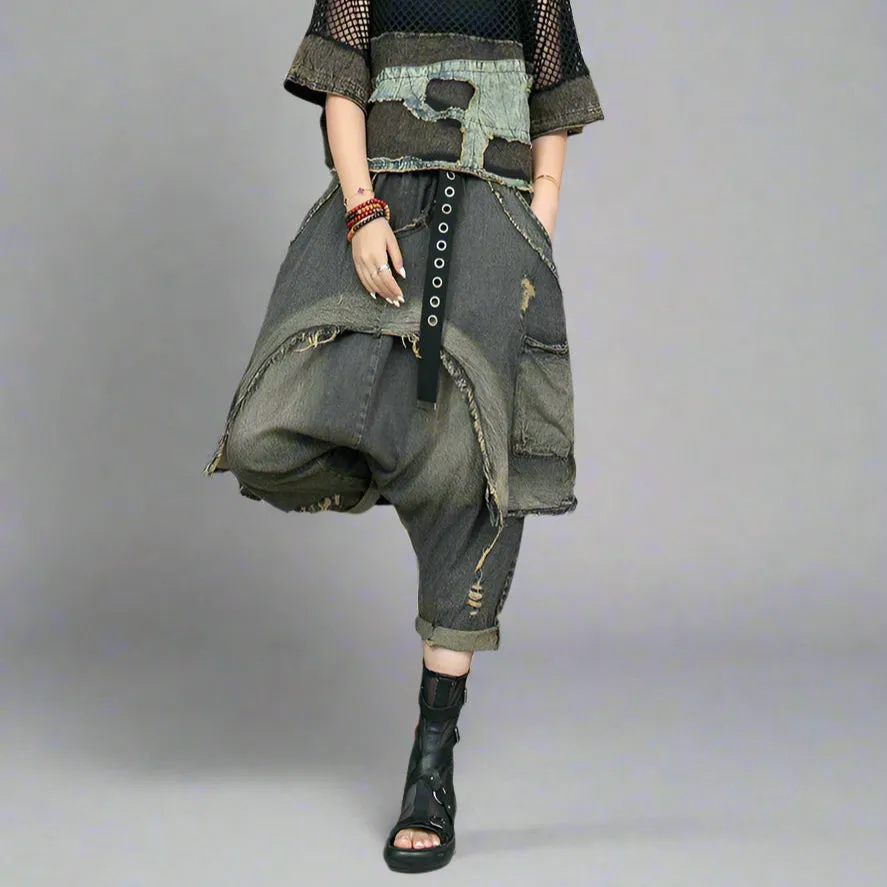 Punk Patchwork Denim Harem Pants – Distressed Layered Jeans with Edgy Overlay Design