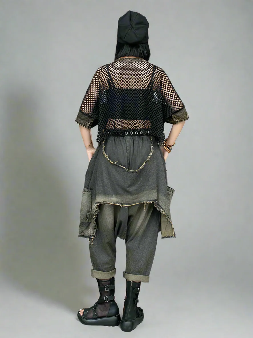 Punk Patchwork Denim Harem Pants – Distressed Layered Jeans with Edgy Overlay Design