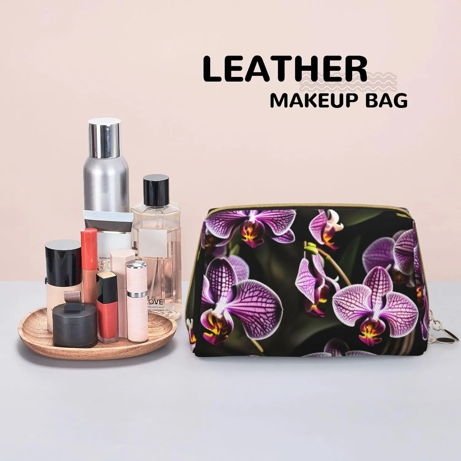 Purple Orchids Print Leather Toiletry Organizer Bag, Travel-Friendly Makeup Pouch For Women