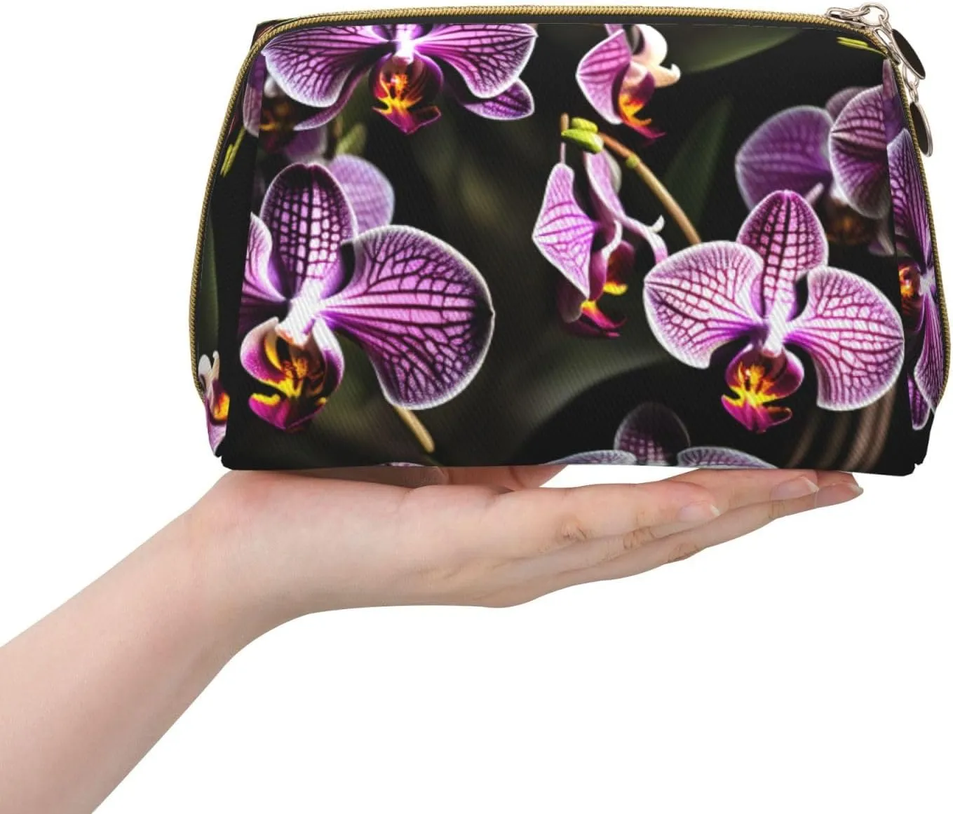 Purple Orchids Print Leather Toiletry Organizer Bag, Travel-Friendly Makeup Pouch For Women