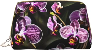Purple Orchids Print Leather Toiletry Organizer Bag, Travel-Friendly Makeup Pouch For Women